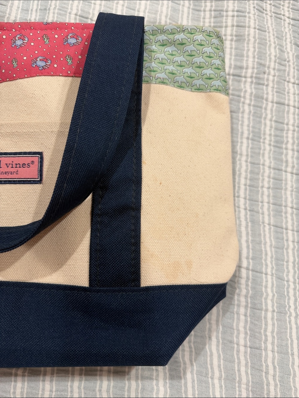 Vineyard Vines Cream Canvas Zipper Tote with Navy Trim and Multicolor Accents - Picture 10 of 11